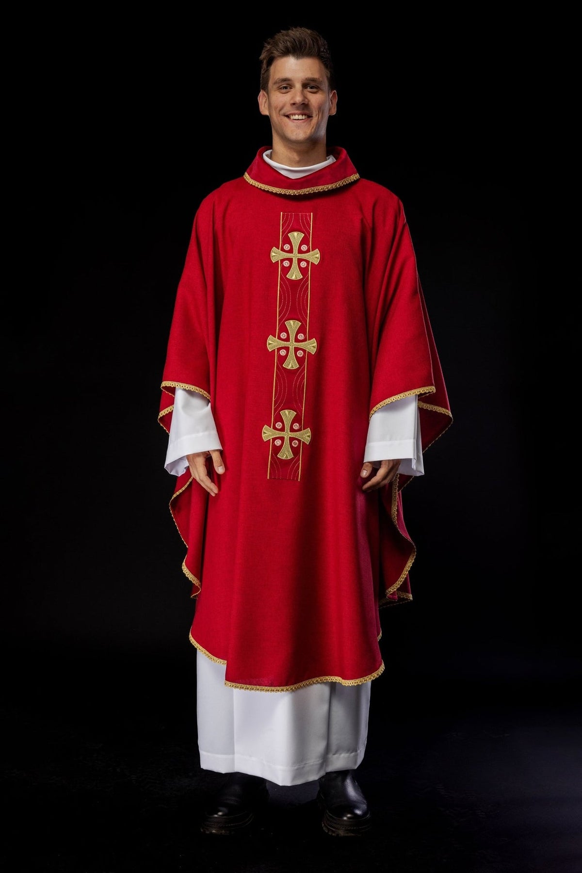 Red chasuble with gold cross embroidery, full front view