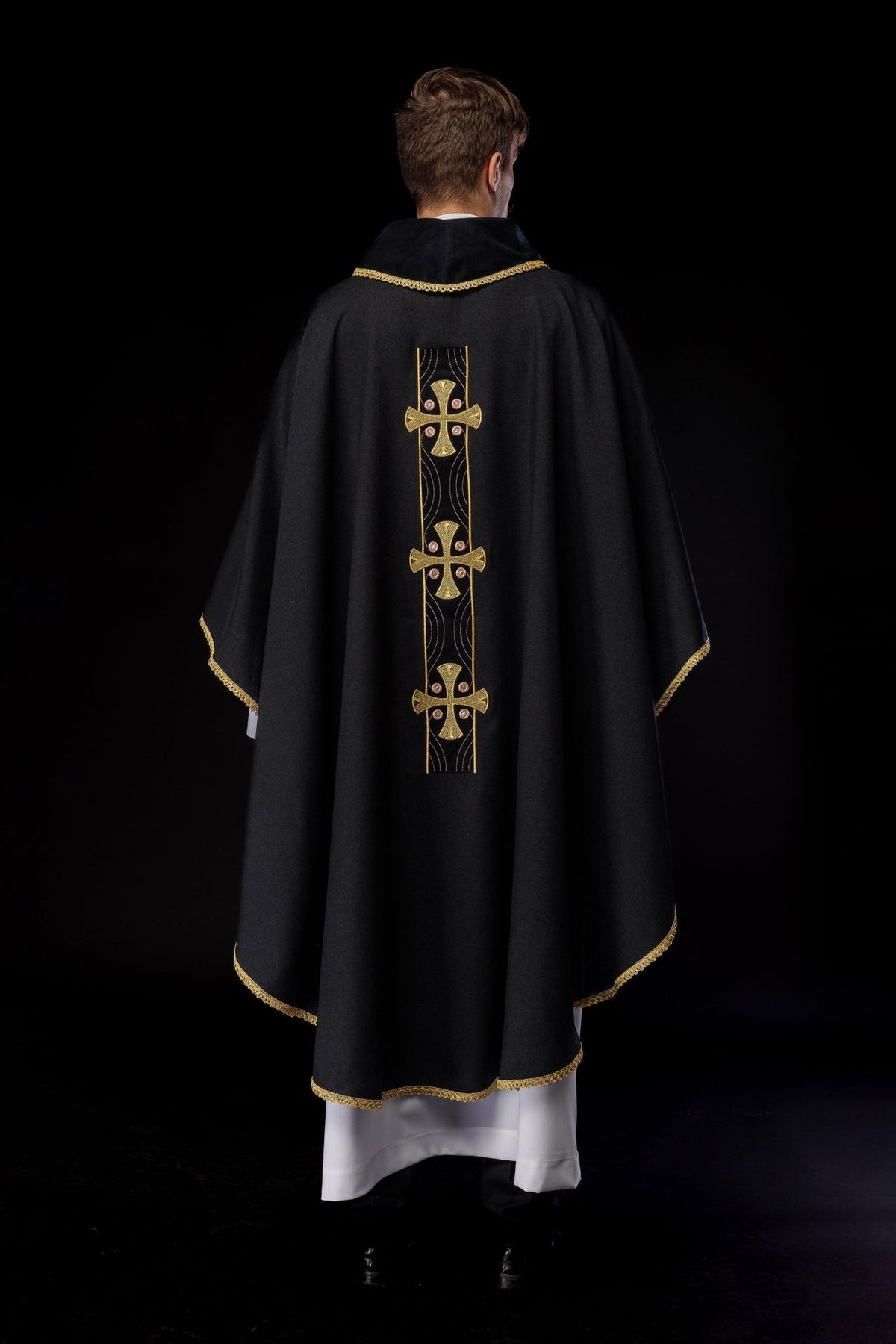 Chasuble back view with embroidered gold crosses and gold trim