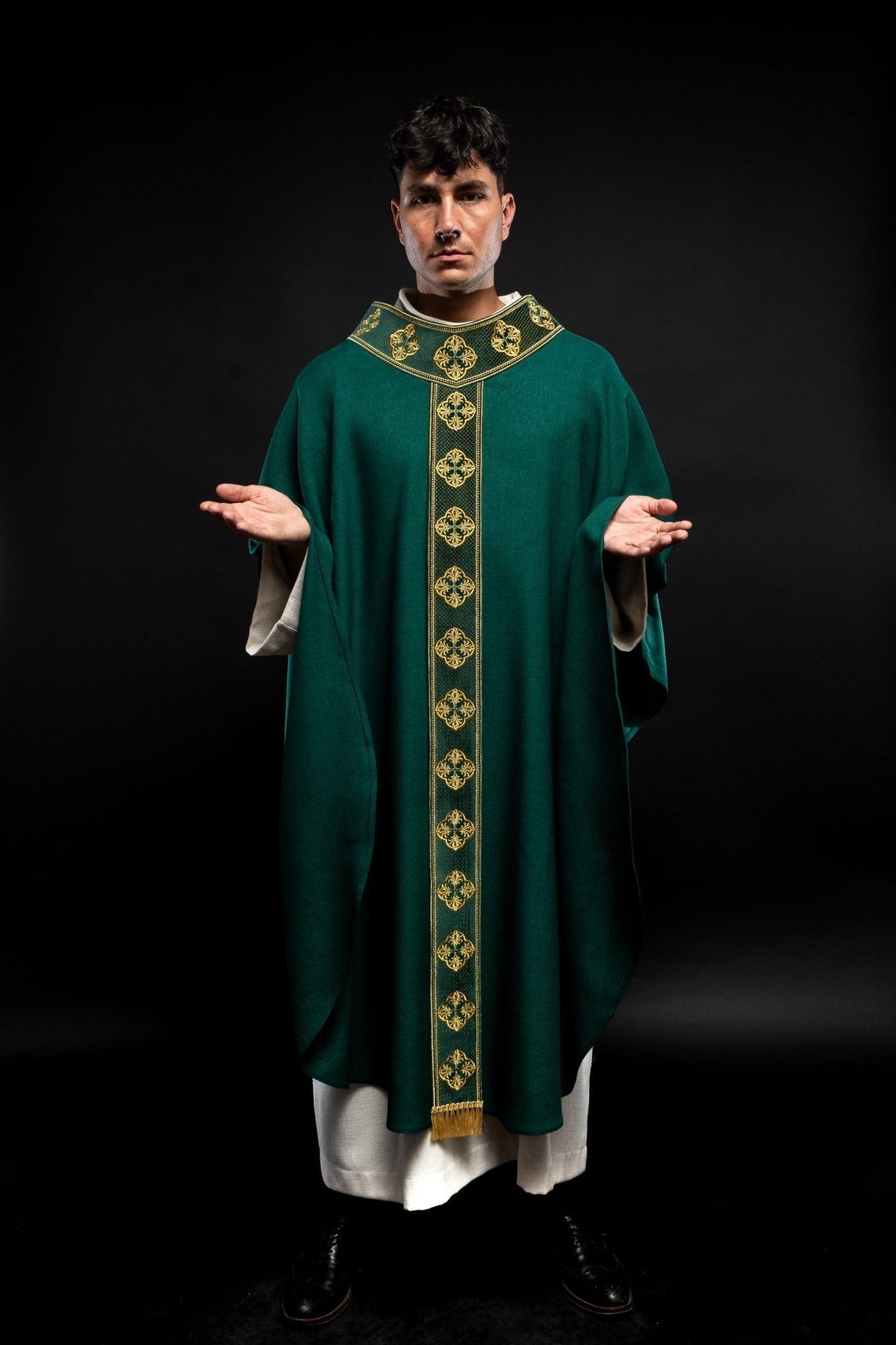 Green chasuble, full front view with gold embroidered orphrey and collar