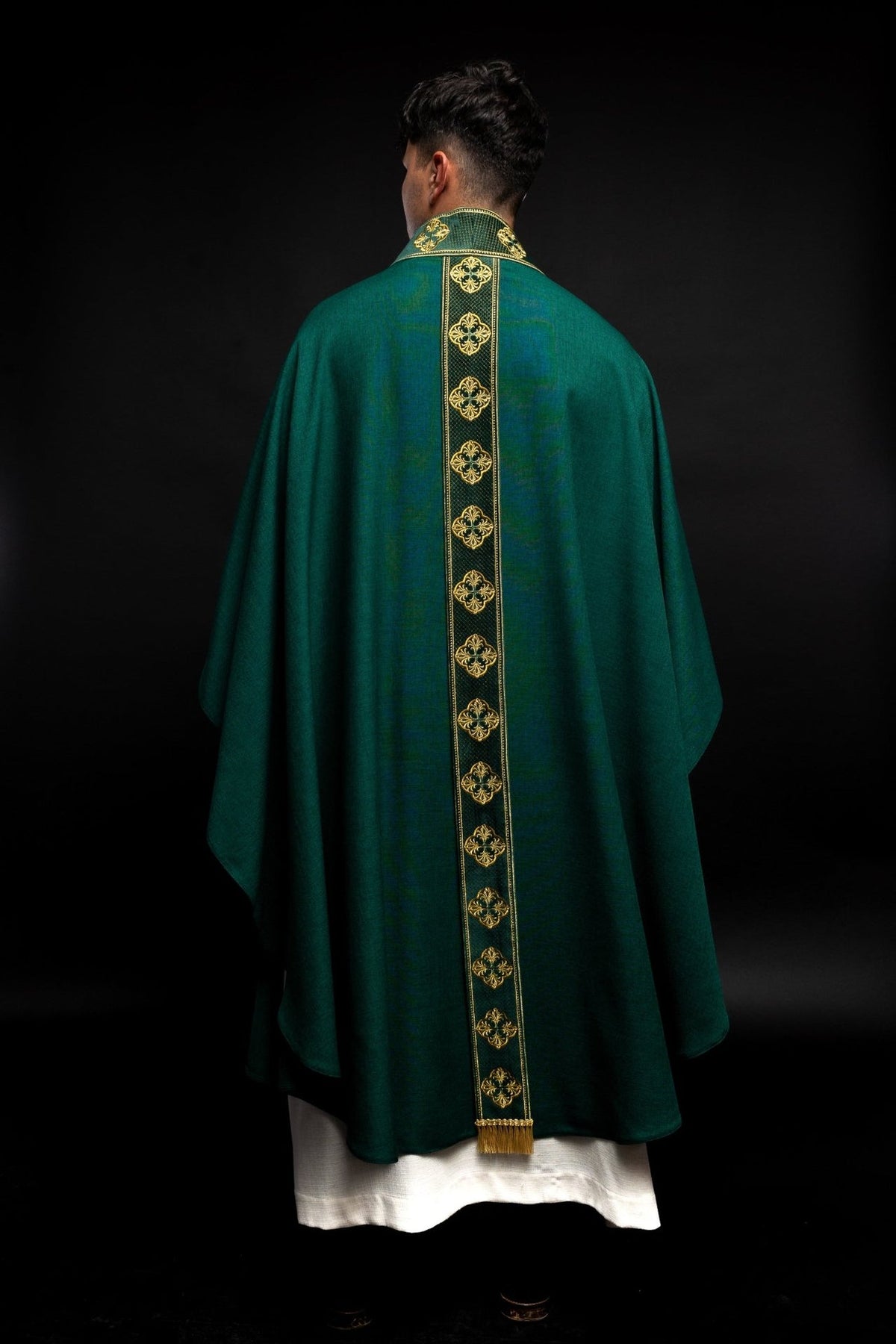 Green chasuble, back view with gold embroidered orphrey