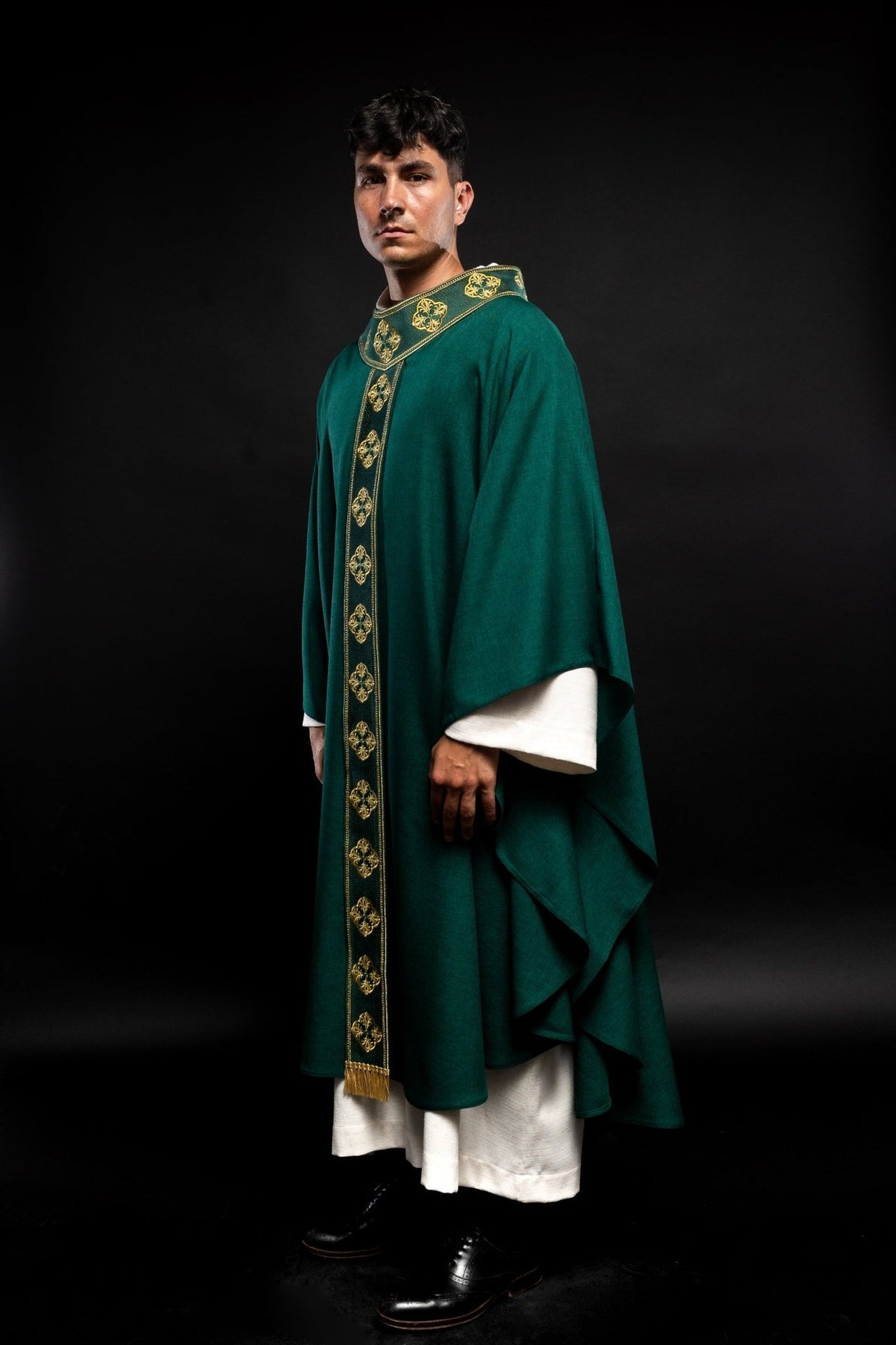 Green chasuble, side view showing the embroidered orphrey and collar