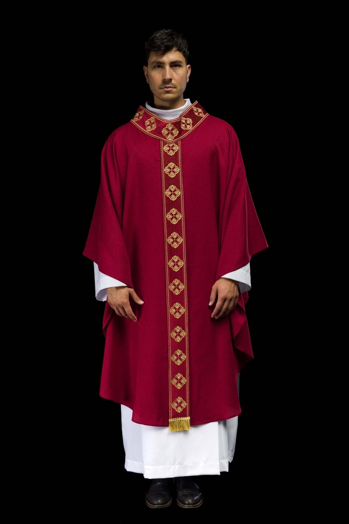 Red chasuble, full front view with gold embroidered orphrey and collar