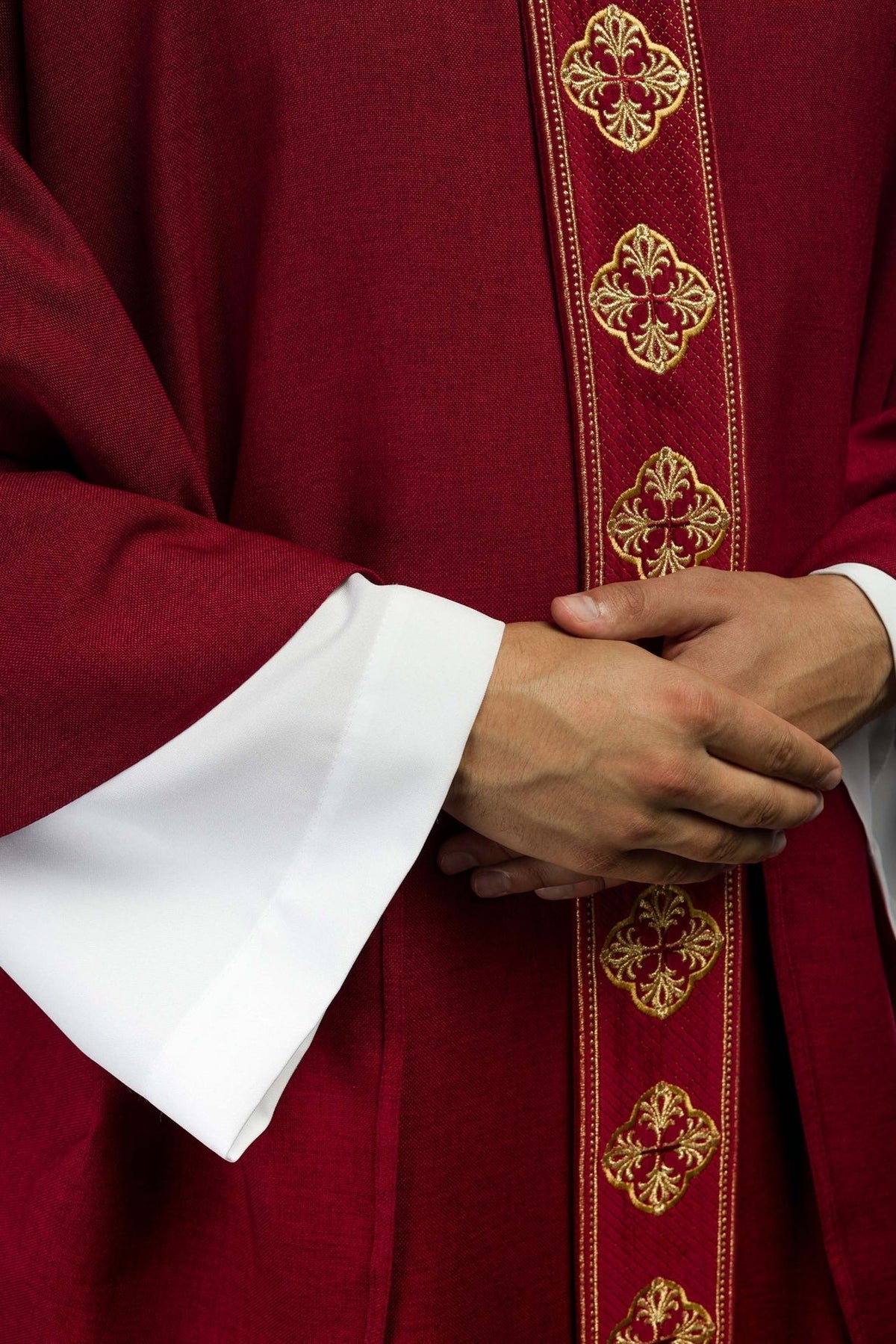 Red chasuble front orphrey detail with gold fringe