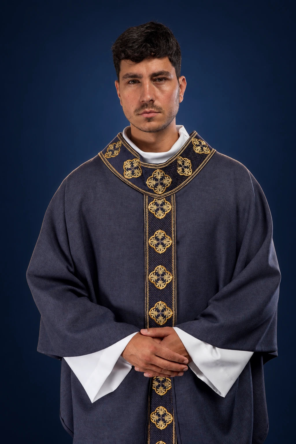 Purple Chasuble with Embroidered Orphrey and Collar with Crosses, front worn view