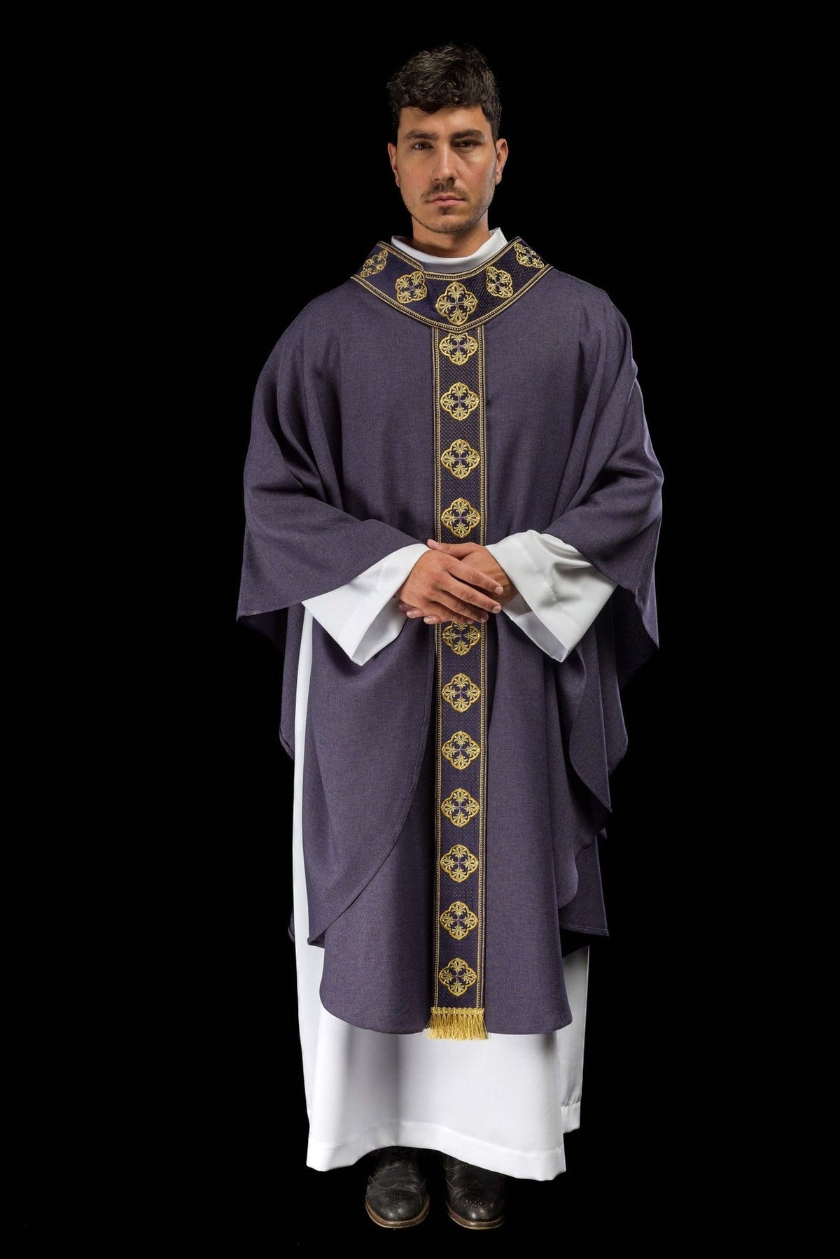 Purple chasuble front view with gold embroidered orphrey and collar