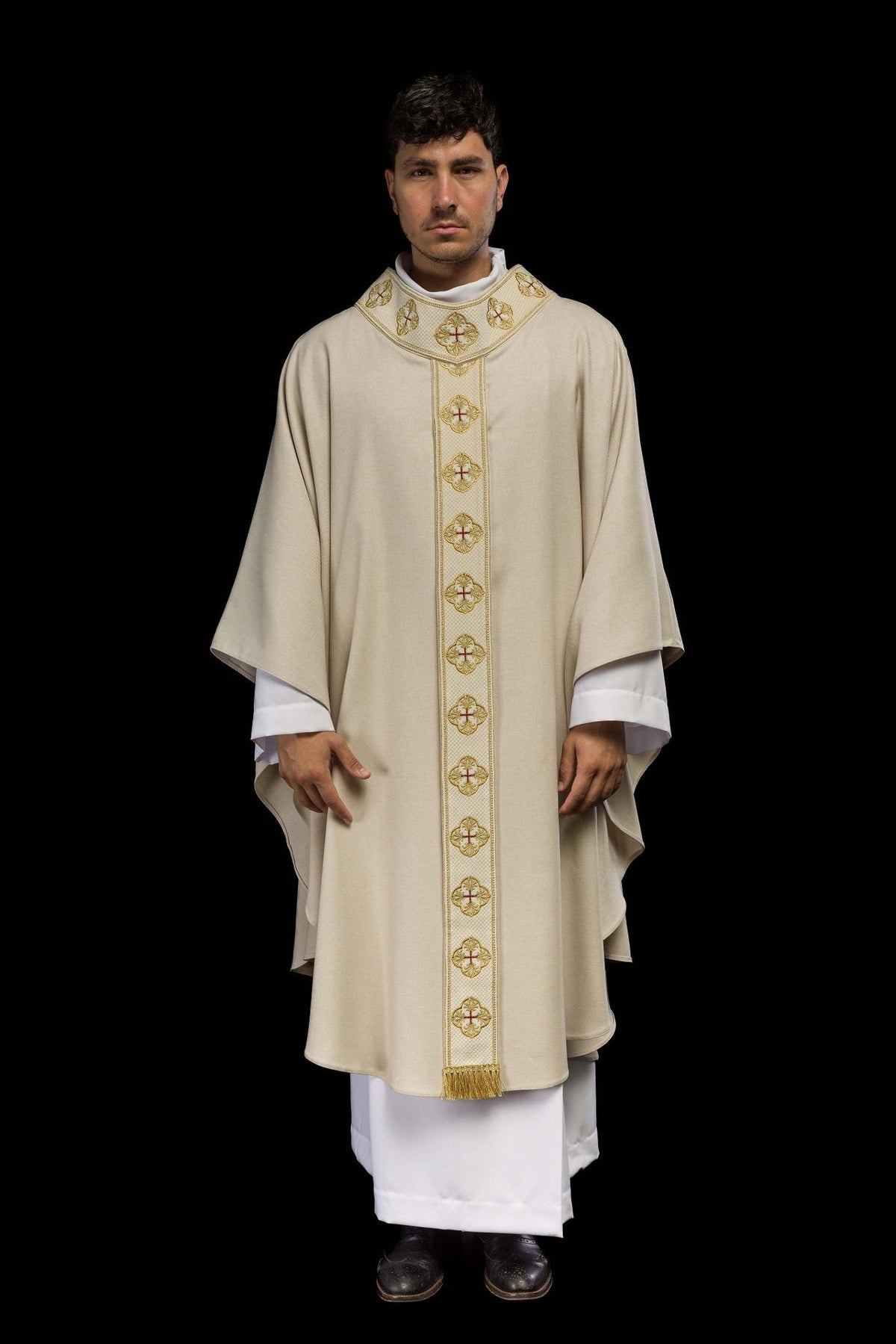 Ecru chasuble front view with gold embroidered orphrey and crosses