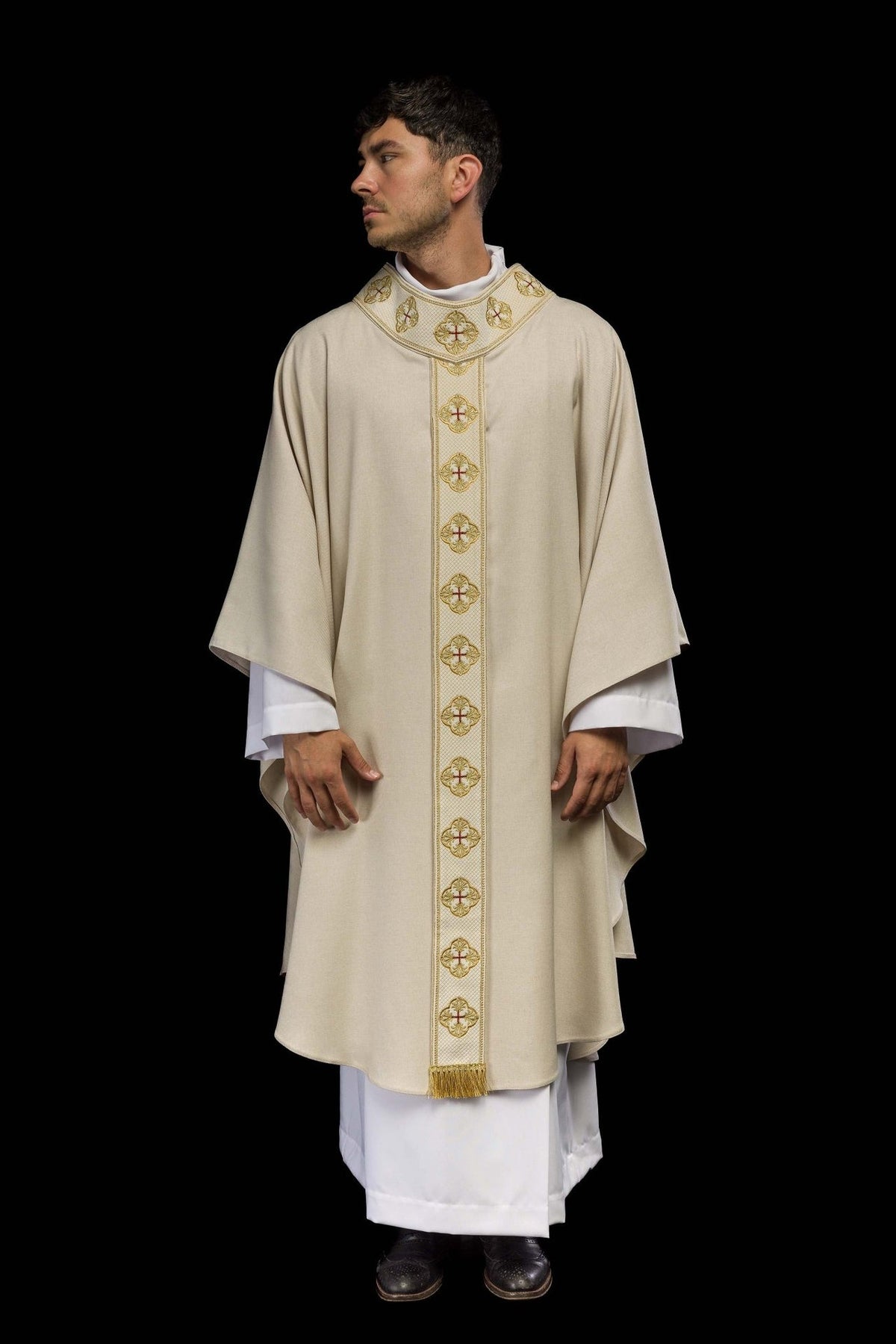 Ecru chasuble full back view with repeated cross embroidery