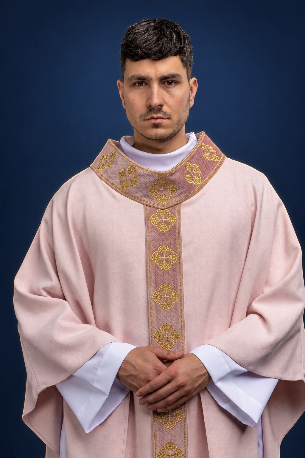 Rose Chasuble with Embroidered Orphrey and Collar with Crosses, front view in rose and gold