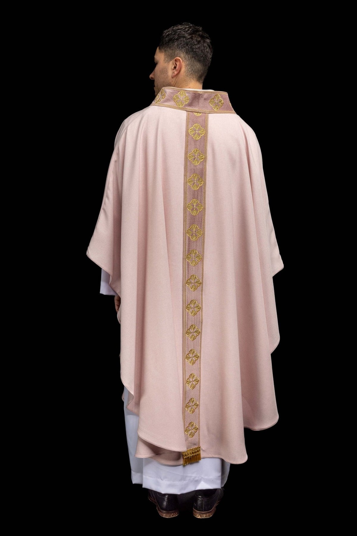 Rose chasuble rear view showing full embroidered orphrey