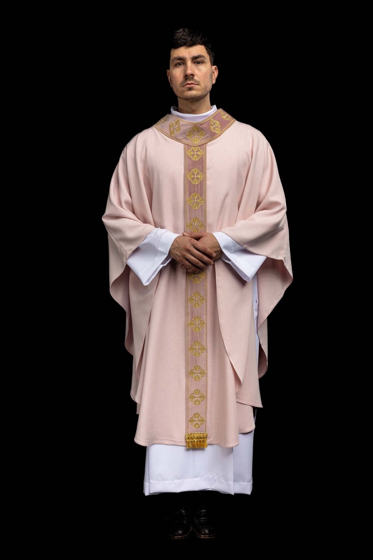 Rose chasuble front view showing collar, orphrey and gold embroidery
