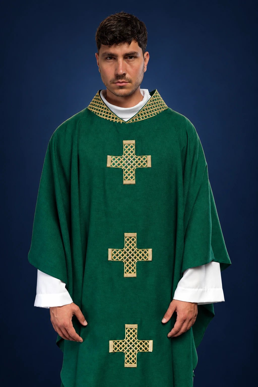 Green Chasuble with Embroidered Crosses and Collar, front view with three gold crosses