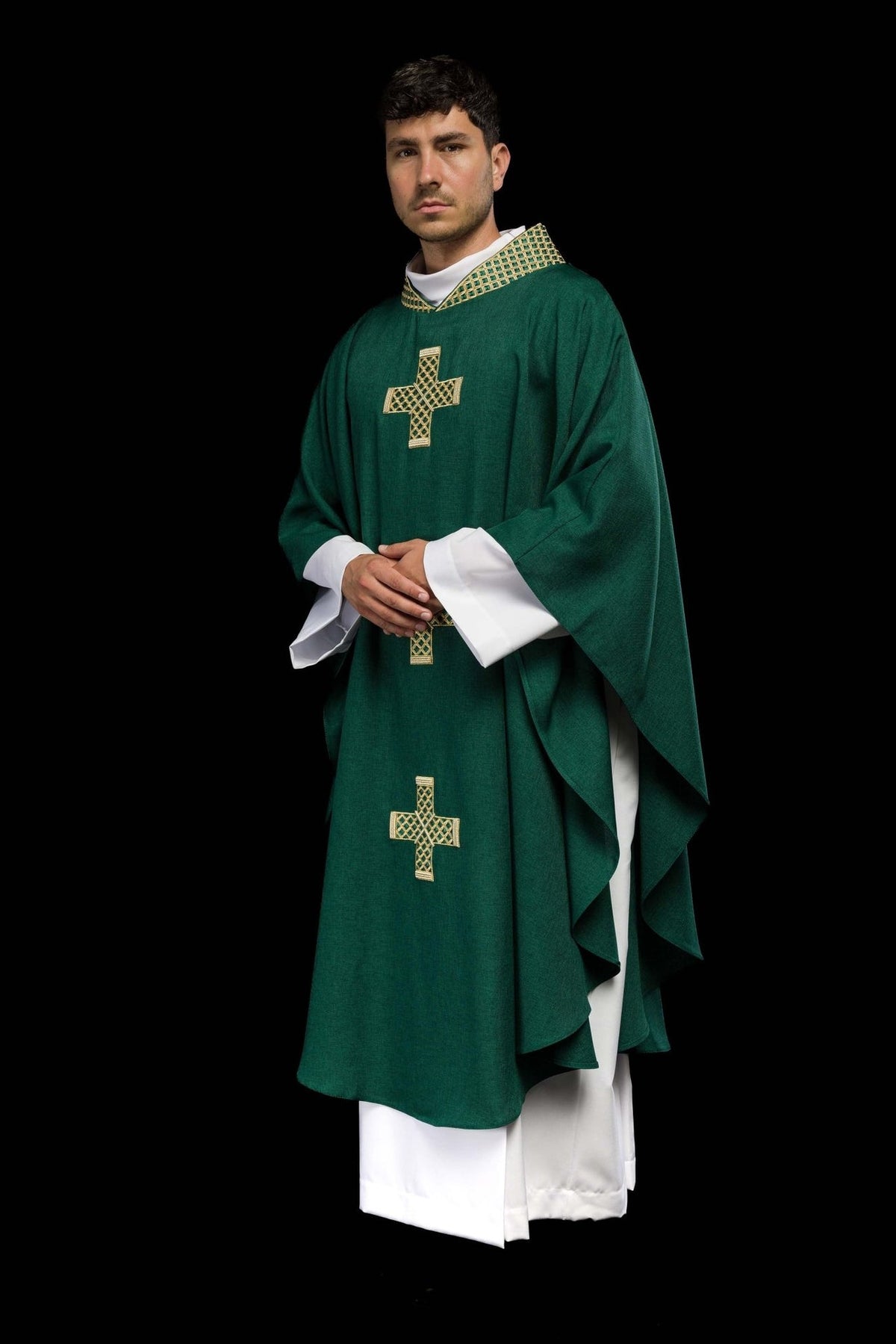 Green chasuble three-quarter front view with gold embroidered crosses