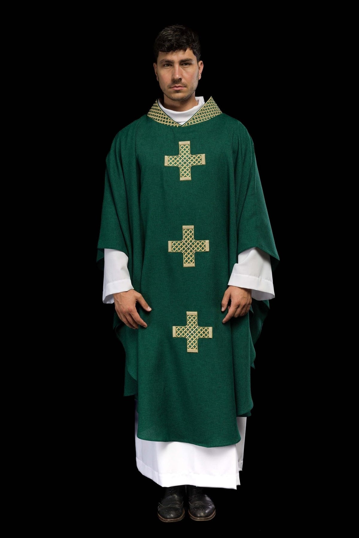 Green chasuble front view with three gold embroidered crosses and collar