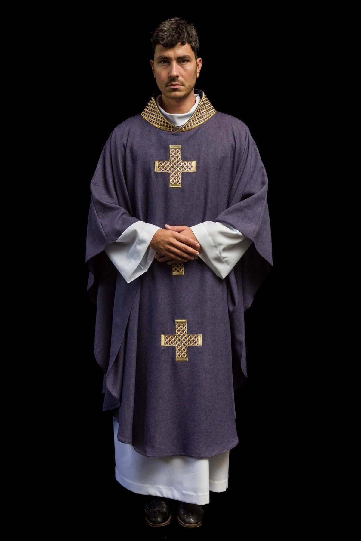 Purple chasuble front view with three gold embroidered crosses and collar