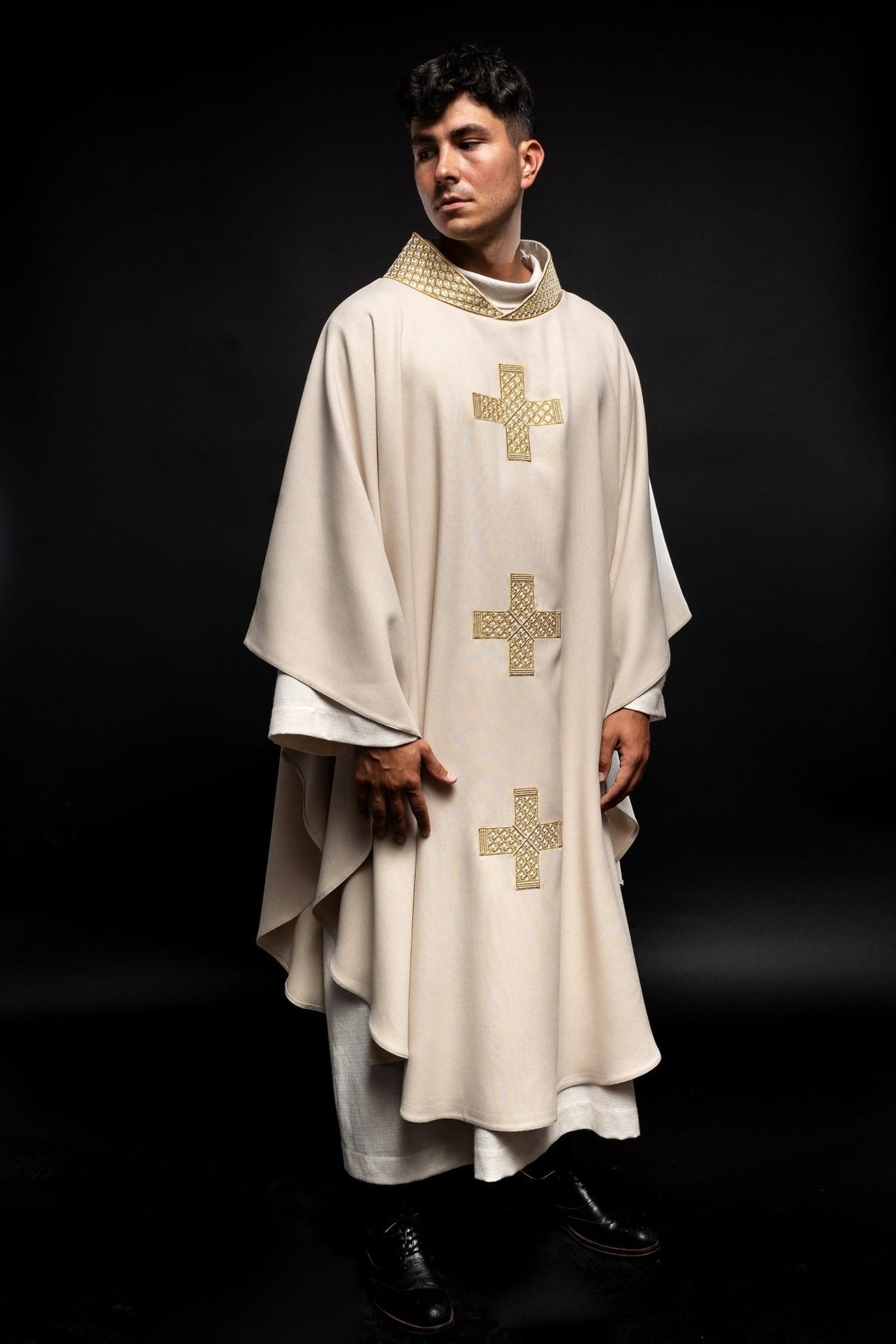 Ecru chasuble, full front view with three gold embroidered crosses