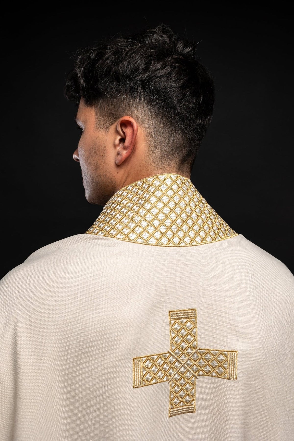 Ecru chasuble back view with gold embroidered cross and collar