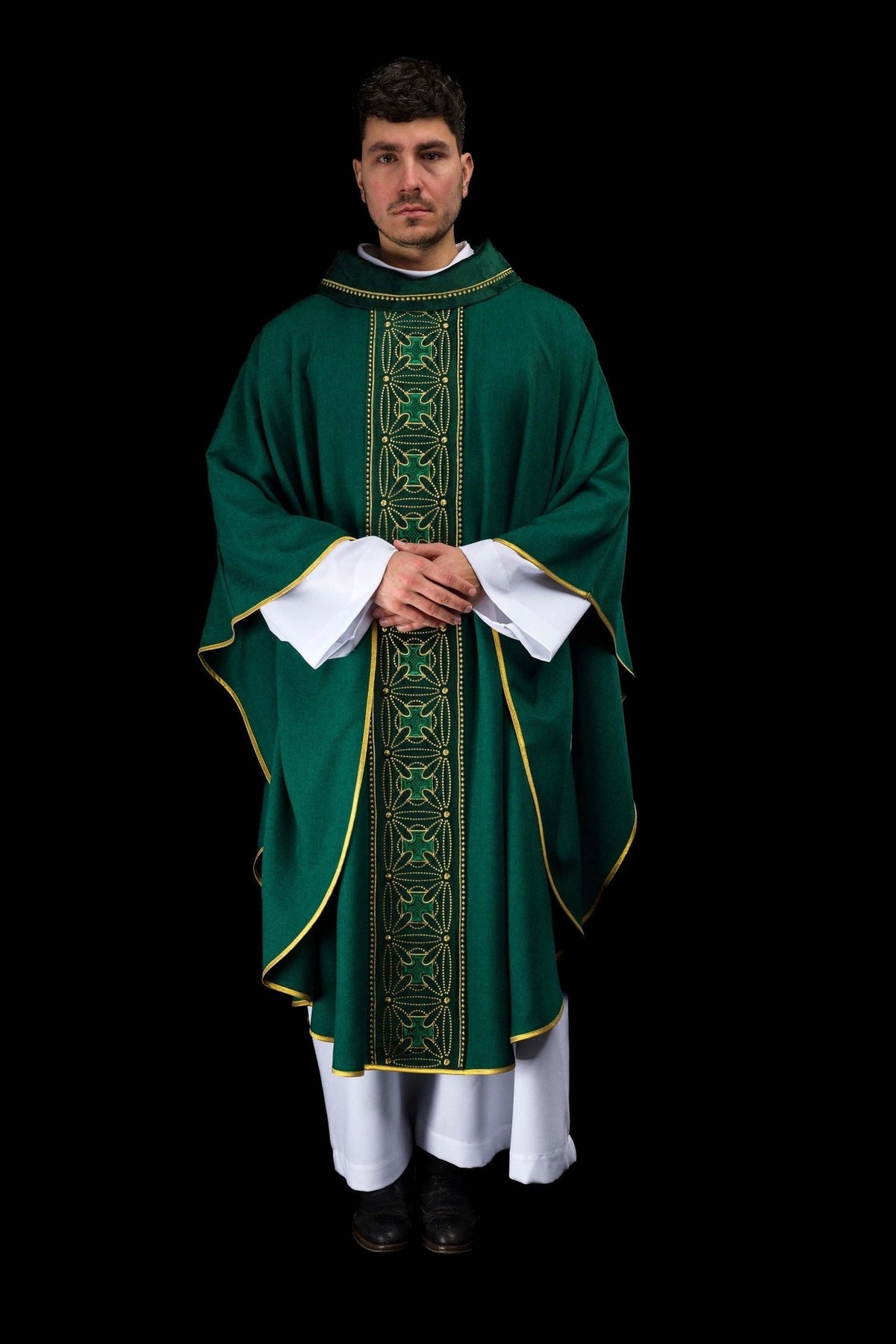 Green chasuble front view with gold embroidered cross orphrey and trim