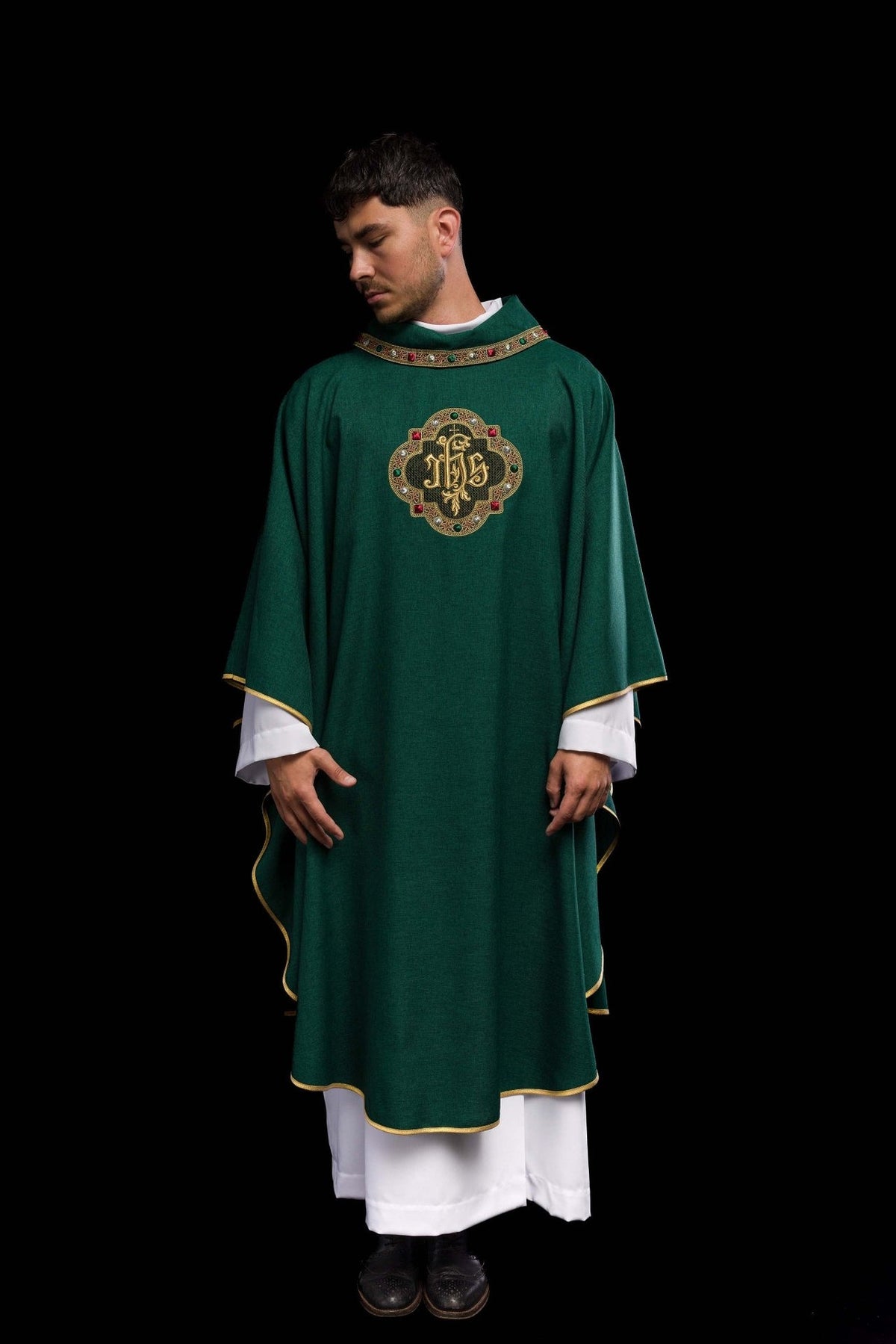 Green chasuble, full front view with IHS embroidery and gold edge trim