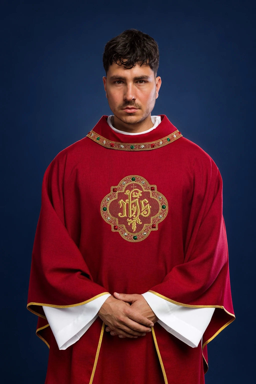 Red Chasuble with Trim Around IHS Embroidery and Collar, front view with gold trim and ornate IHS embroidery
