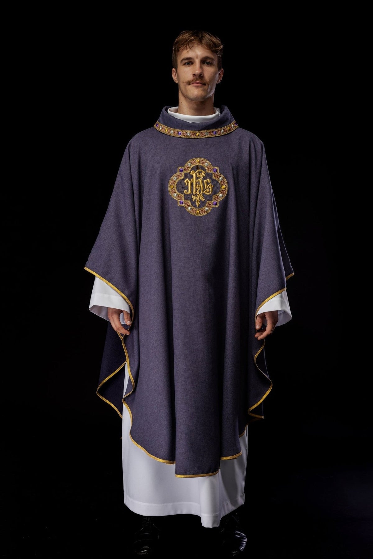 Purple chasuble front view with IHS embroidery and gold trim