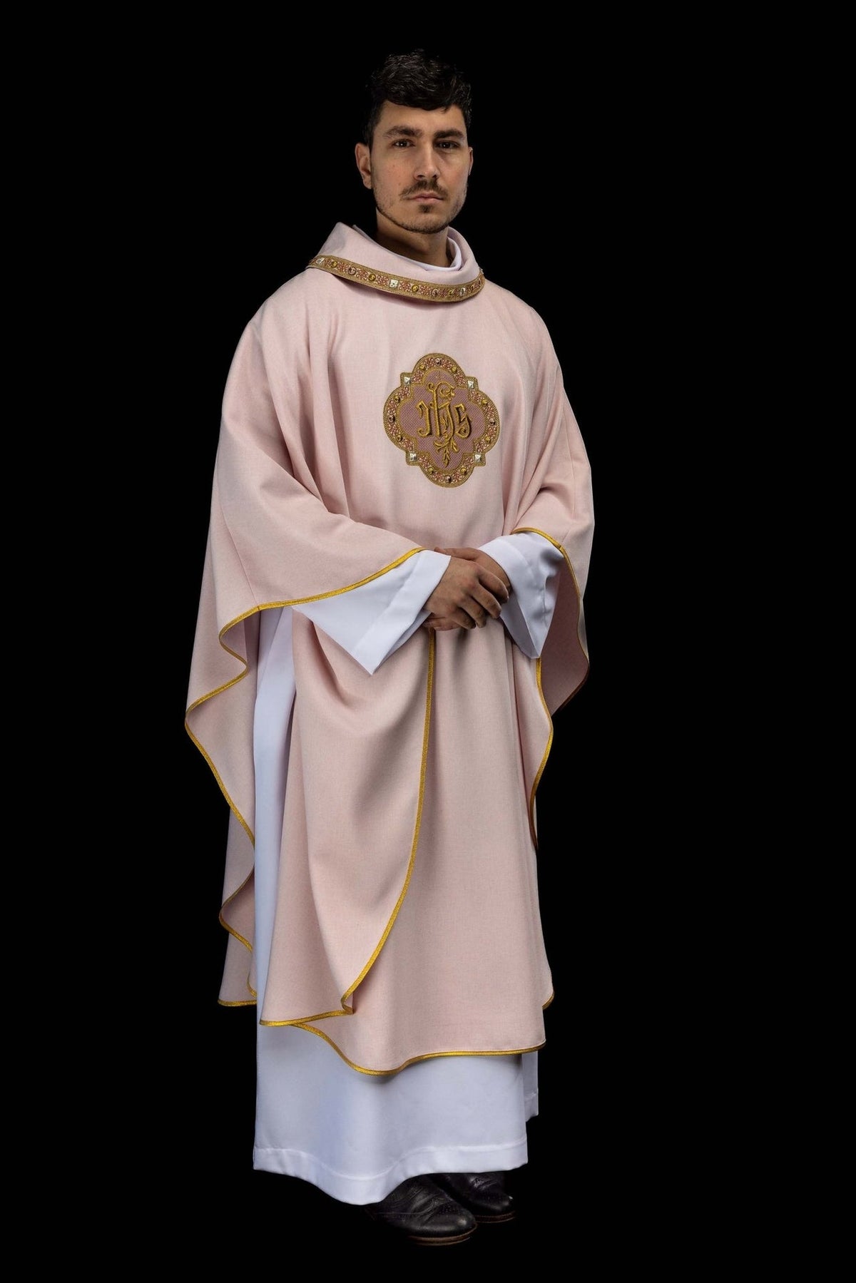 Rose chasuble front view with IHS embroidery and gold trim
