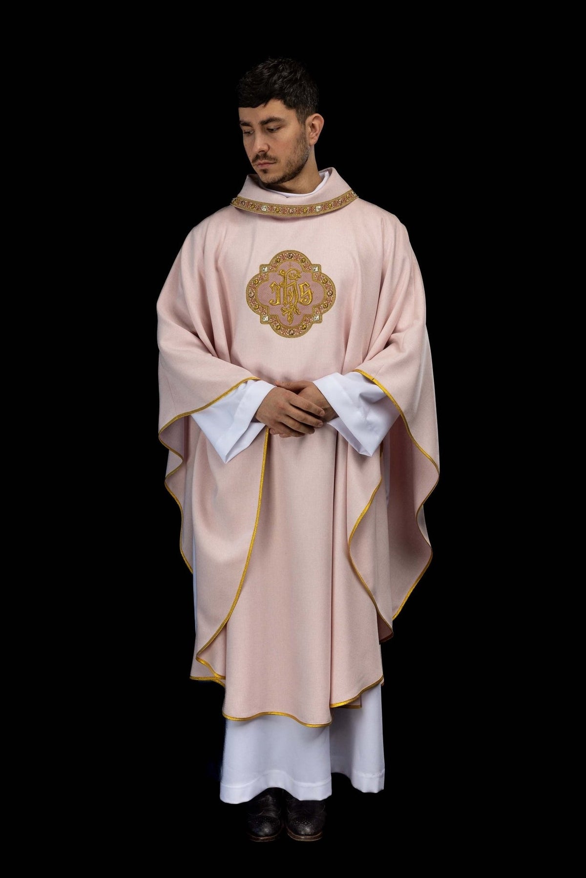 Rose chasuble full front view with IHS embroidery