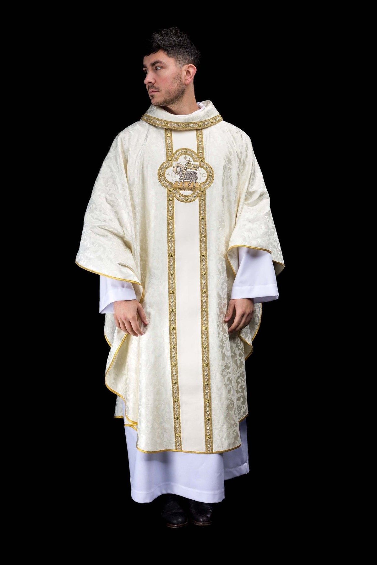Ecru chasuble front view with gold orphrey and Paschal Lamb embroidery