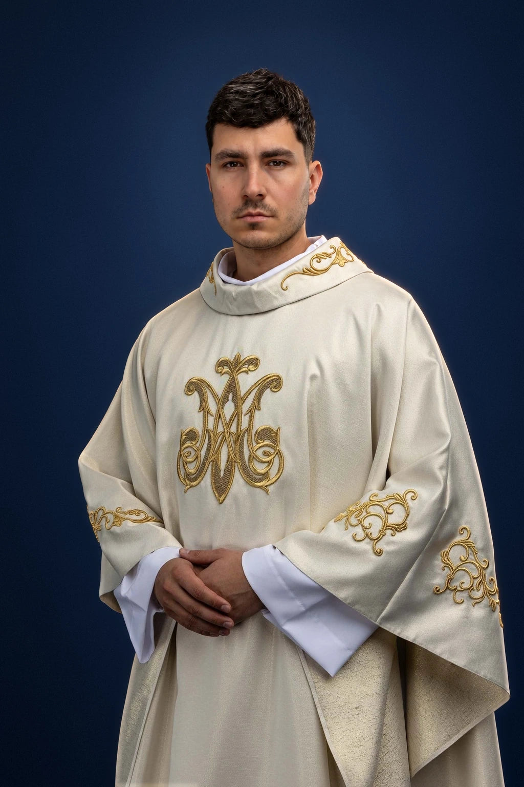 Ecru Marian Chasuble with Embroidered Marian Symbol, front view with gold embroidery