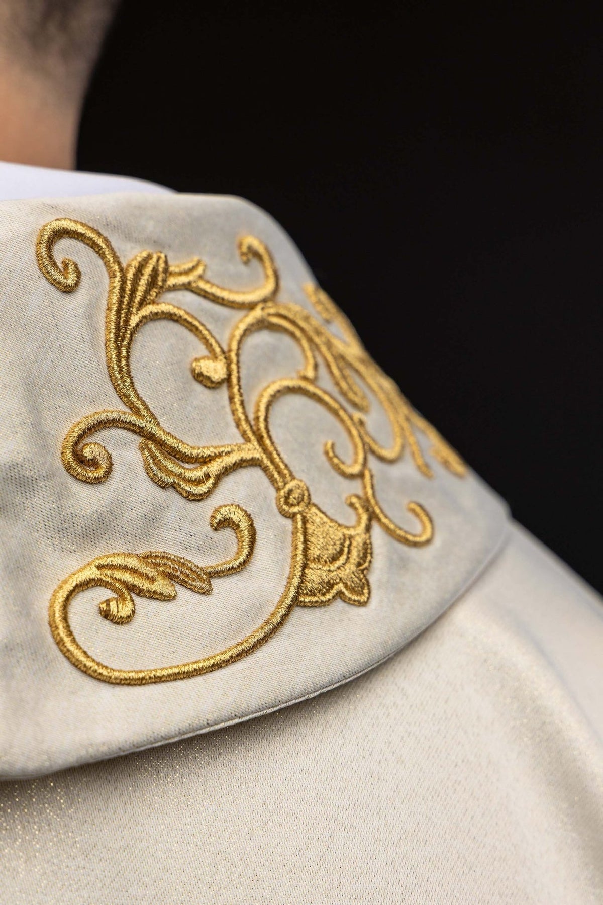 Marian chasuble close-up of gold embroidery on stand-up collar