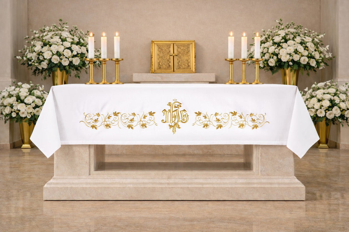 White Altar Cloth with Gold IHS Embroidery, front view with central IHS monogram and floral embroidery