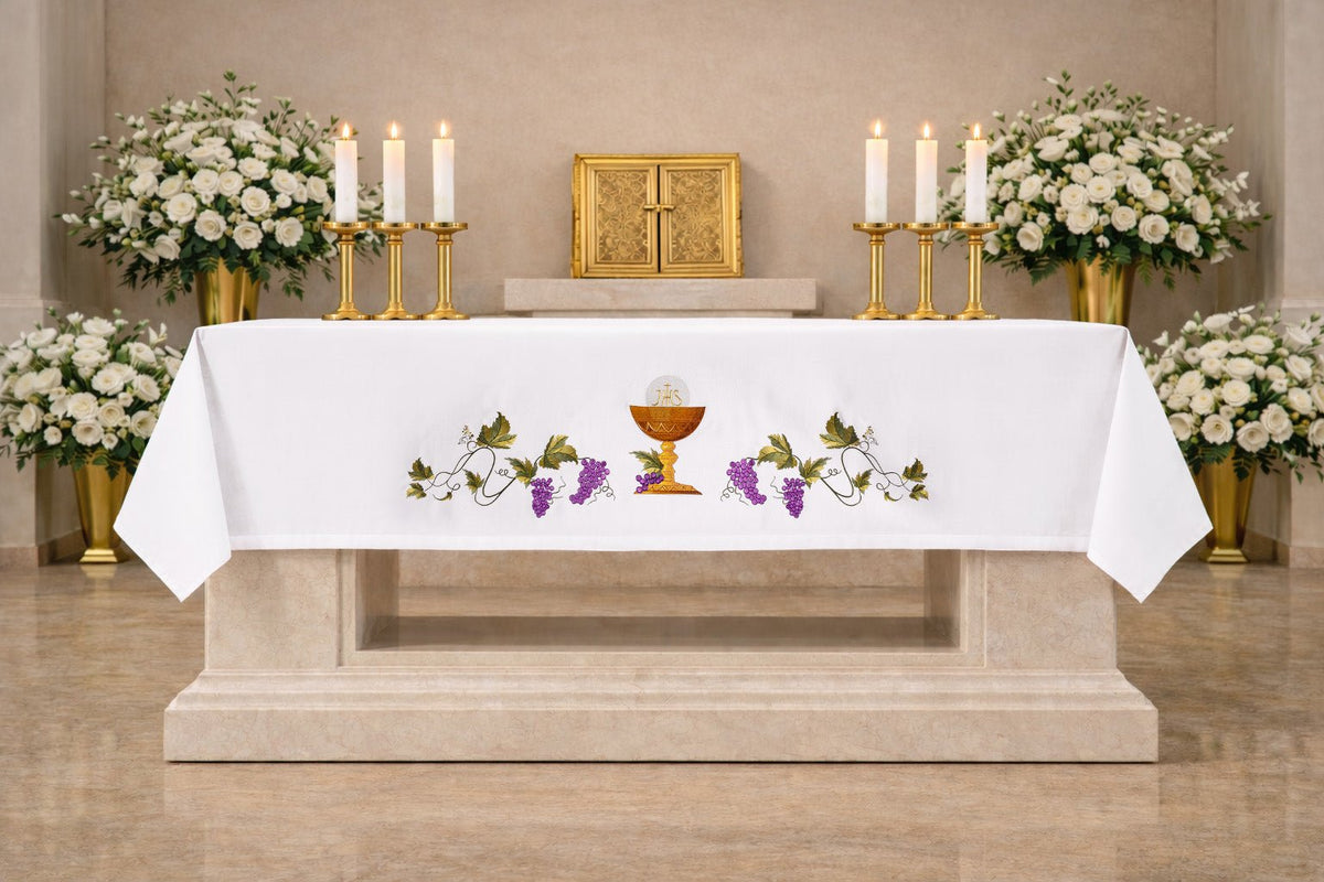 Altar Cloth with an Embroidered Chalice Symbol, white front view with gold chalice and purple grapes