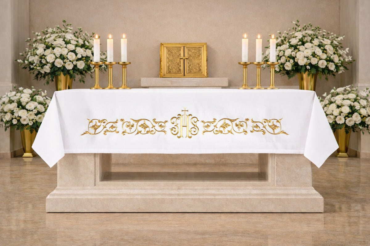 Altar Cloth with Embroidered IHS Symbol, white front view with gold embroidery and ornate scrollwork