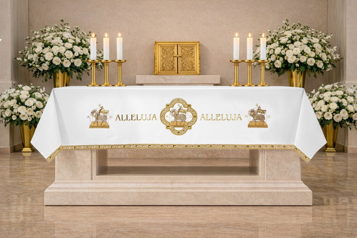 Easter Altar Cloth with Paschal Lamb Embroidery, white altar cloth with gold Agnus Dei embroidery