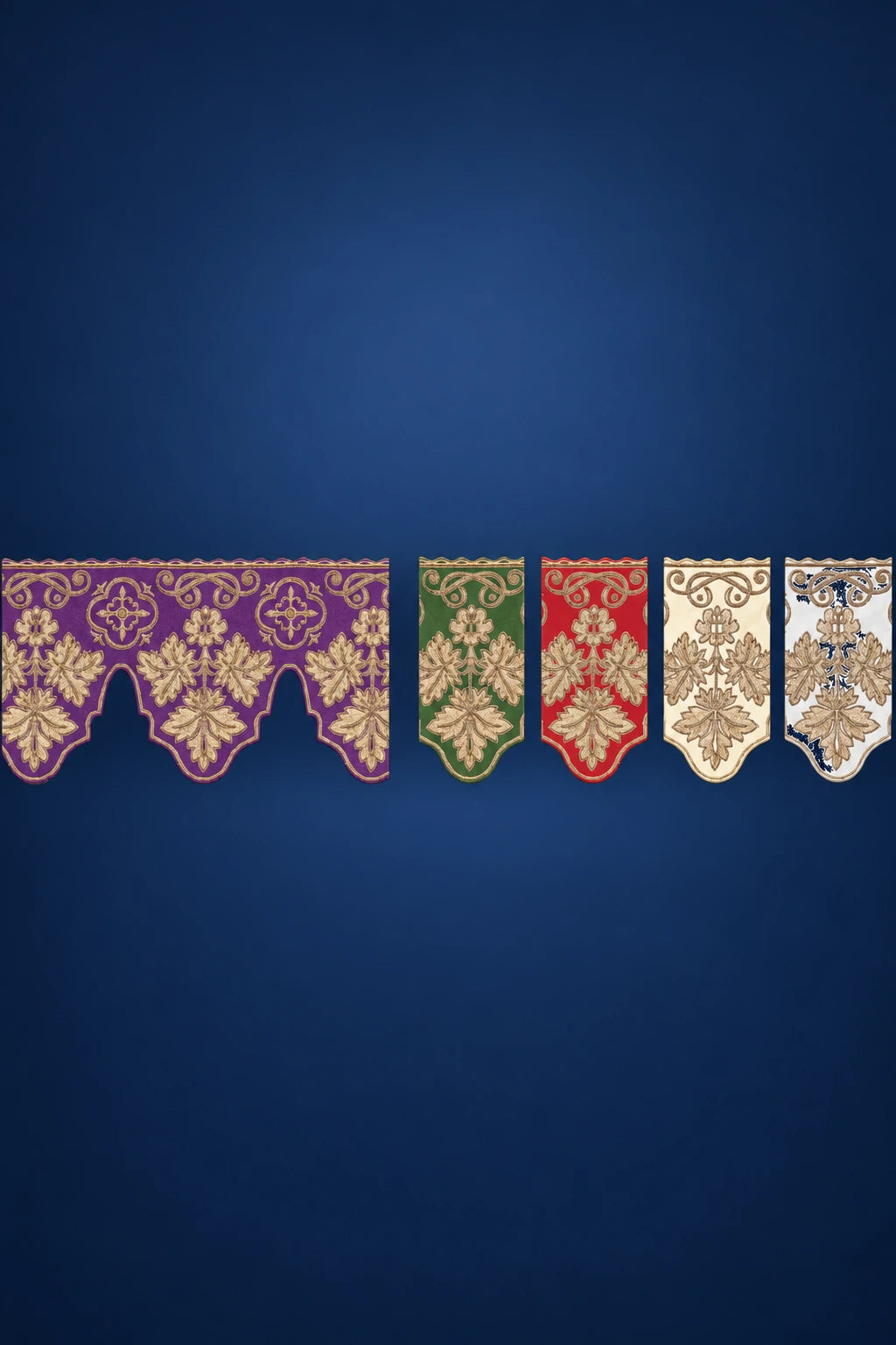 Set of altar lace panels with gold cross embroidery in purple, green, red, ivory, and white