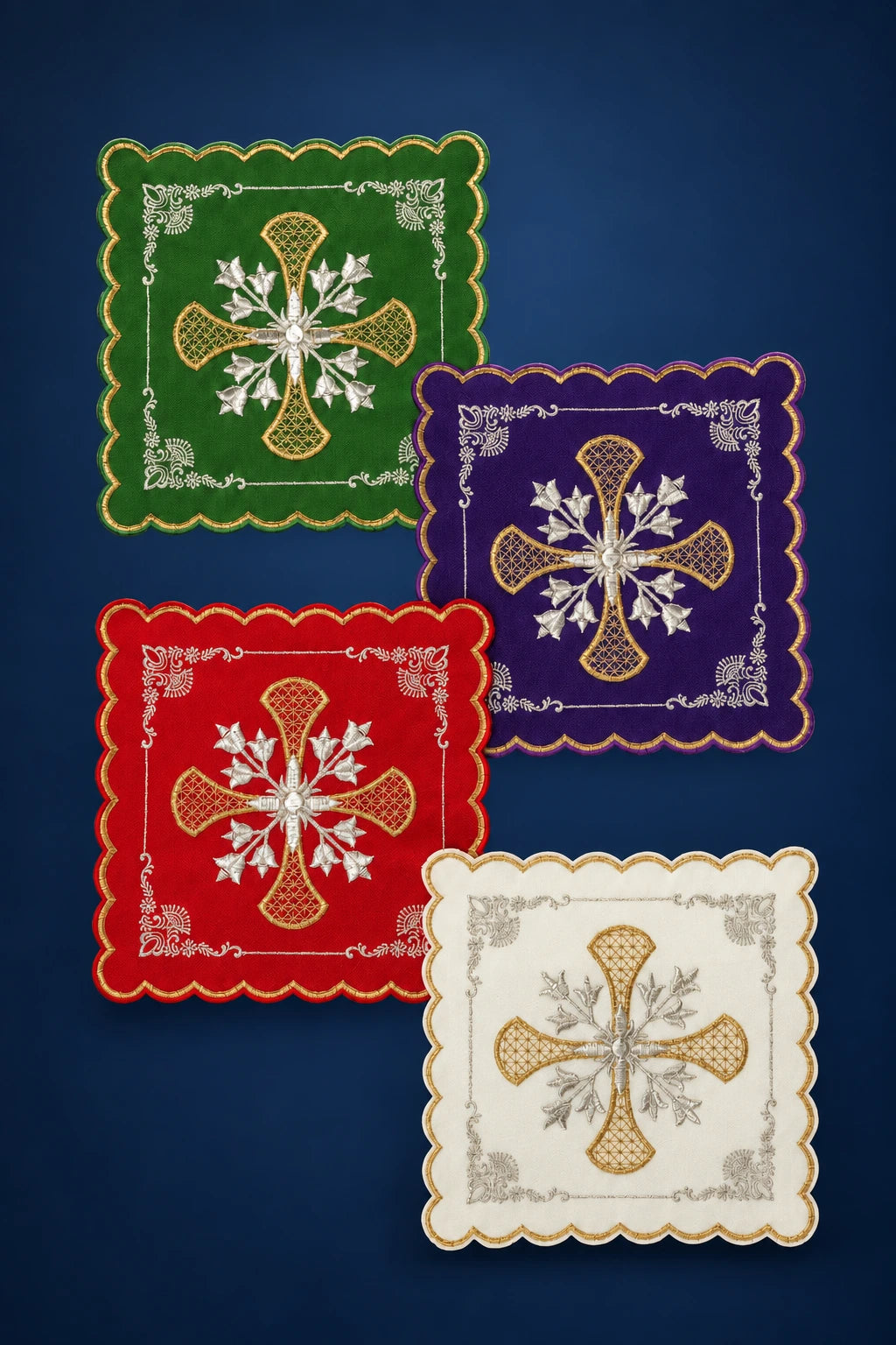 Set of four chalice palls with scalloped edges, floral cross motifs in green, purple, red, and ivory