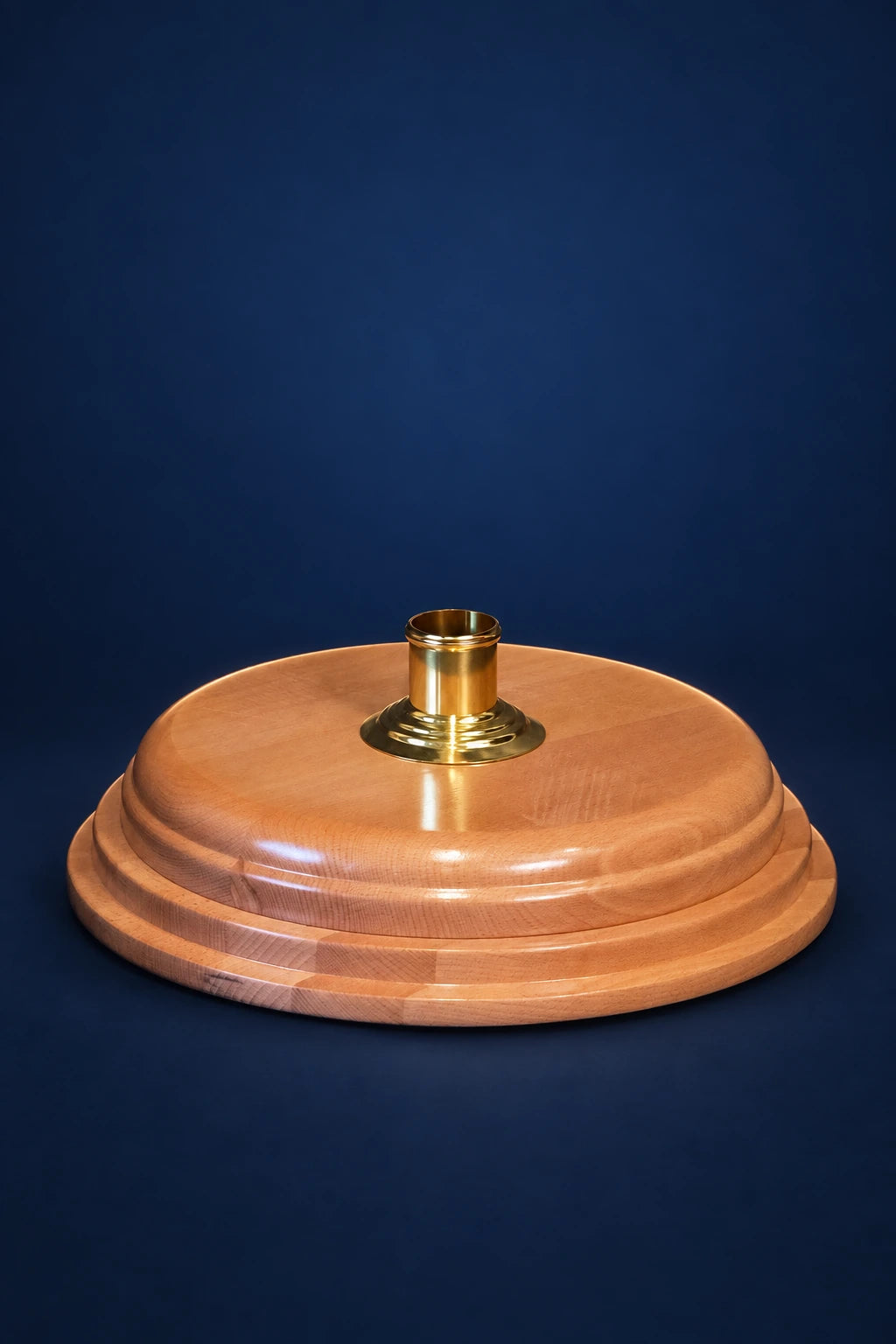 Wooden banner stand, 15.5 in (40 cm) diameter, shown from the front with a stepped round wood base and gold holder