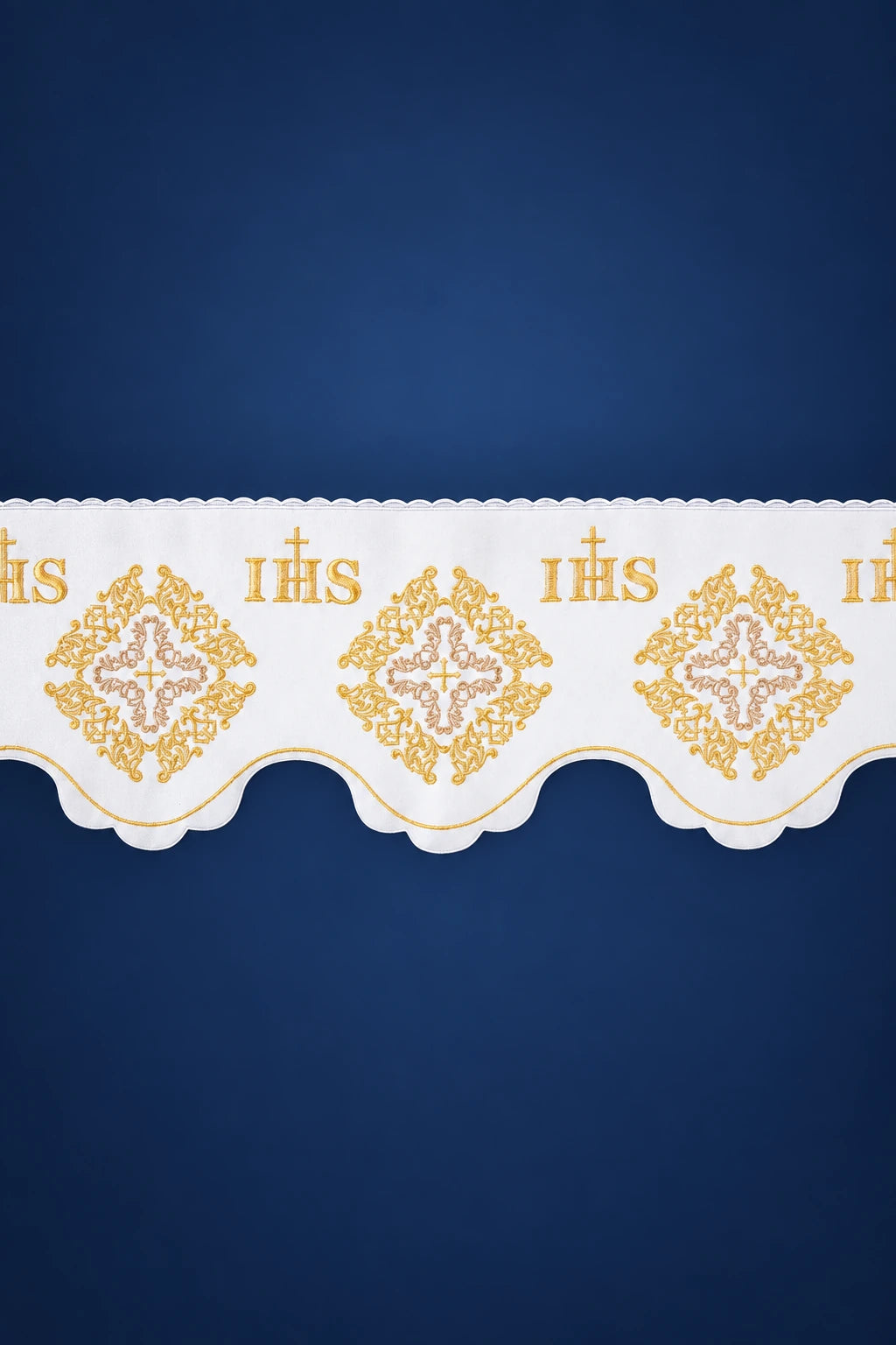 White altar lace trim with scalloped edge, gold IHS and cross embroidery with rosette motifs