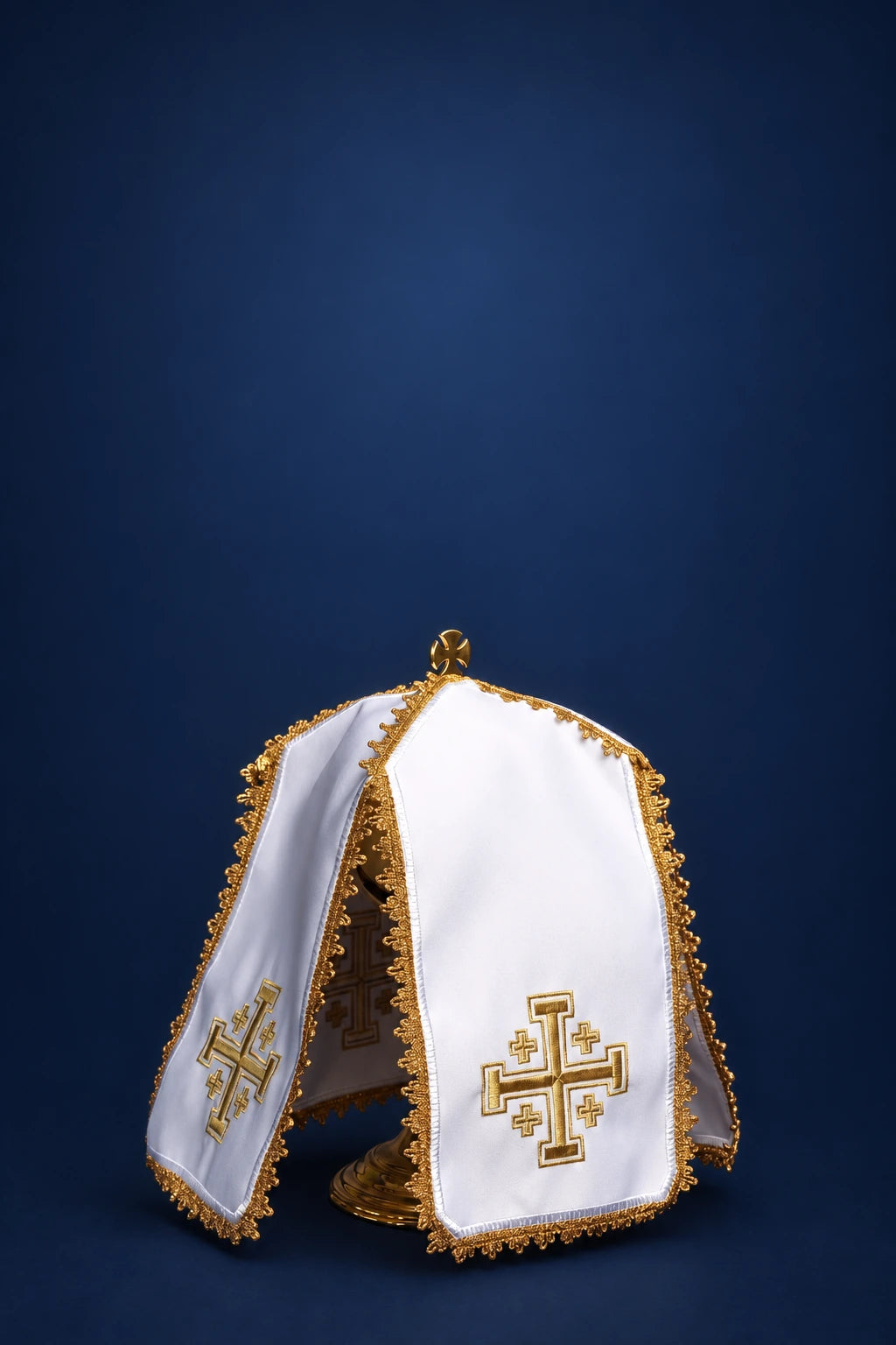 White ciborium veil with gold Jerusalem crosses, shown draped over a ciborium from the front