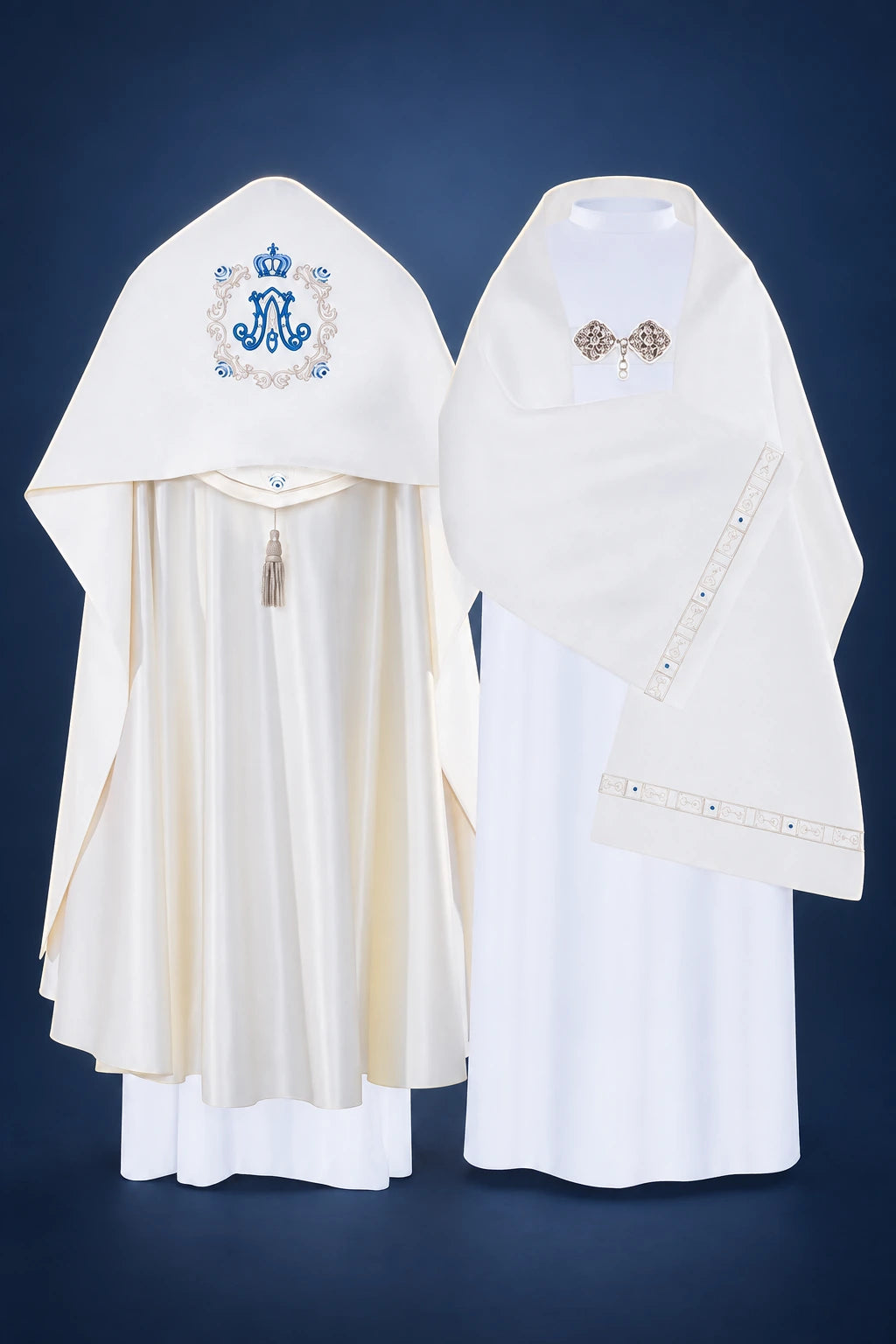 White Marian chapel veil shown front and back, with blue embroidered monogram and gold cross detail